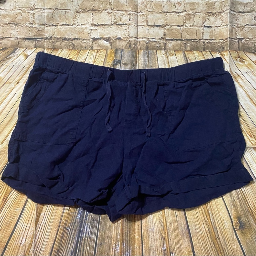 New York & Company Blue Cotton Linen Stretch Waist Cuffed Short